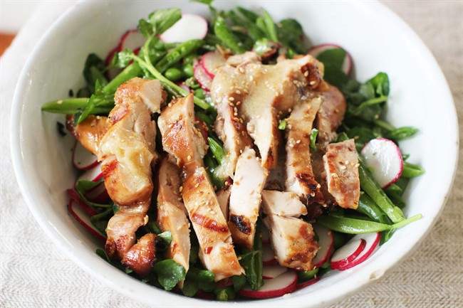 Use greens as your base, add your favourite veggies and top with a protein such as leftover grilled chicken, recommends registered dietitian Anar Allidina.