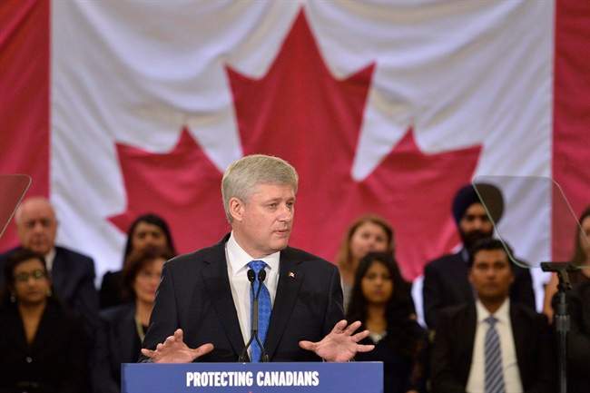Prime Minister Stephen Harper speaks at a news conference in Toronto on Thursday, June 4, 2015. 