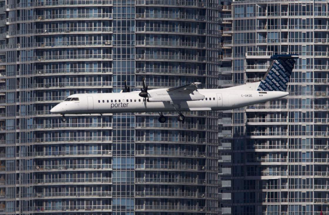 A Porter plane lands at Toronto's island airport.