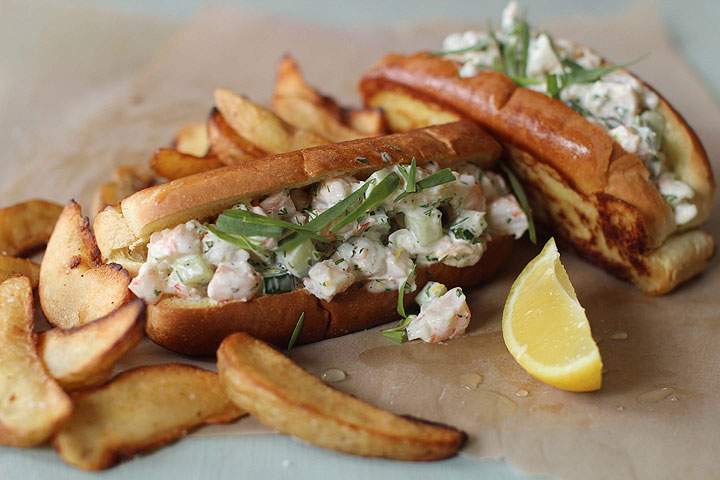 This April 27, 2015 photo shows New England style shrimp rolls in Concord, N.H.