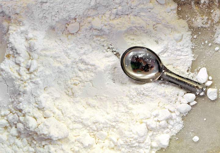 A tub of potassium gluconate is seen on a production table at the Soylent corporate office in Oakland, California on September 09, 2013.