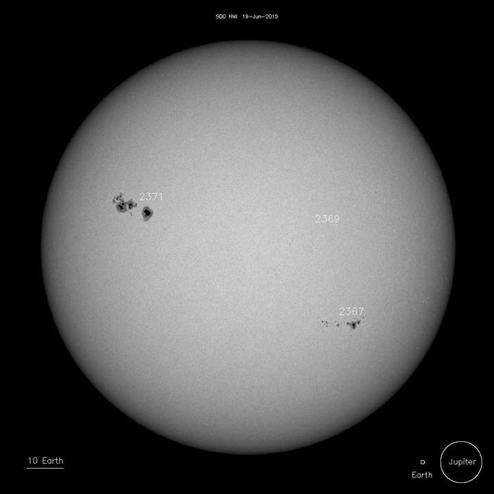 Sunspots visible on June 19, 2015. They can unleash solar flares which can then lead to coronal mass ejections.