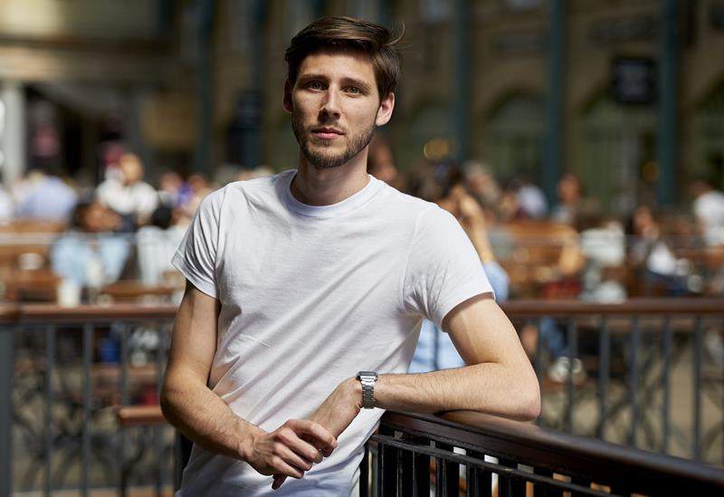 Britain's Thom Feeney poses in central London on June 30, 2015. Feeney, a shoe-shop employee has raised over 65,000 euros ($72,000) so far through an online crowdfunding project to help Greece meet its International Monetary Fund debt repayment. 