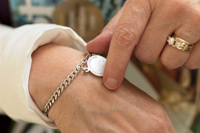 MedicAlert bracelets like the one shown here, can help people who wander or become lost, to get home sooner. 