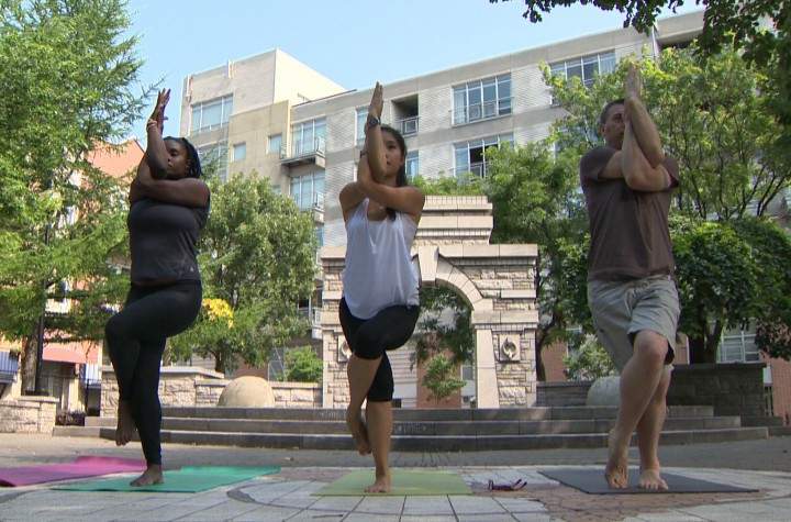 Moksha yoga Montreal takes Global News on a tour of their annual yoga in the park event on July 31, 2013.