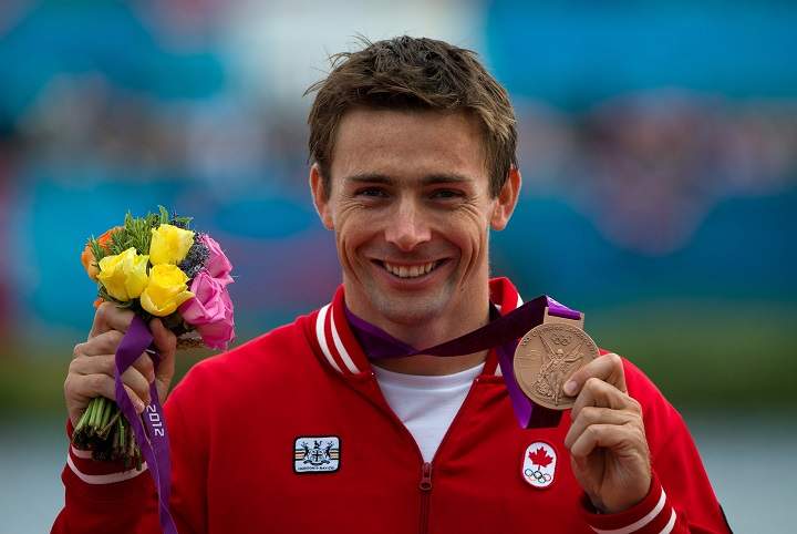 Canada's Mark Oldershaw celebrates bronze in the men's 1000-metre canoe single (C1) final at Eton Dorney during the 2012 Summer Olympics in Dorney, England on Friday, August 8, 2012.THE CANADIAN PRESS/Sean Kilpatrick.