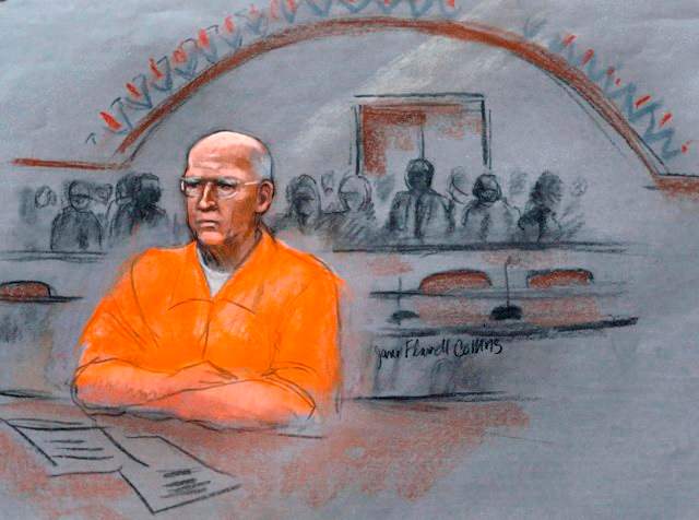 In this courtroom sketch, James "Whitey" Bulger sits at his sentencing hearing in federal court in Boston, Wednesday, Nov. 13, 2013. Bulger was convicted in August in a broad indictment that included racketeering charges in a string of murders in the 1970s and '80s, as well as extortion, money-laundering and weapons charges.