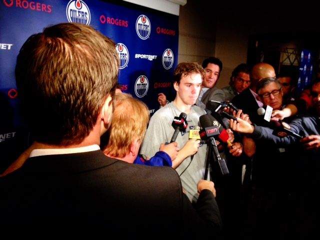 Connor McDavid speaks to media outside Oilers orientation camp, July 3, 2015.