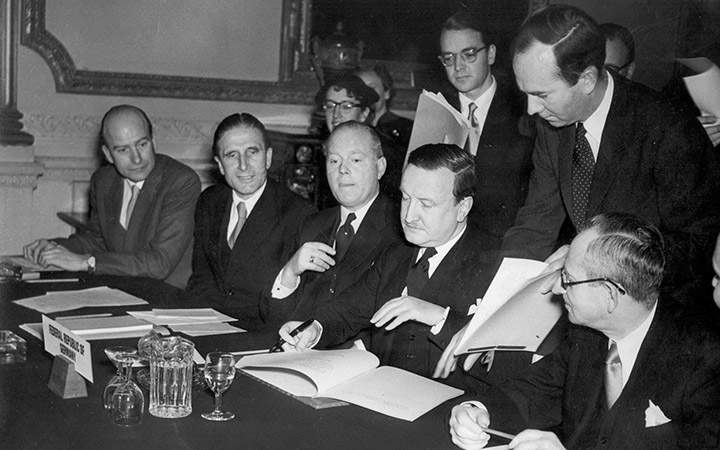 In this Feb. 27, 1953 file photo, the German Debts Agreement is signed in London. Though Germany is resisting Greece’s pleas for some relief, it should know better than most what it can achieve. After the hell of World War II, the Federal Republic of Germany got massive help from its former foes, among them Greece.