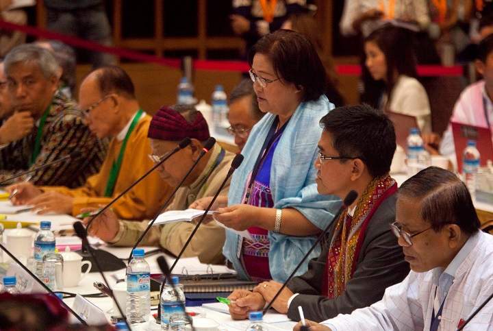 Naw Si Pho Ra Sein, general secretary of the Karen National Union, speaks during a peace meeting between Myanmar government's Union Peace Making Work Committee and armed ethnic minority groups at Myanmar Peace Center Wednesday, July 22, 2015, in Yangon, Myanmar.  (AP Photo/Khin Maung Win).