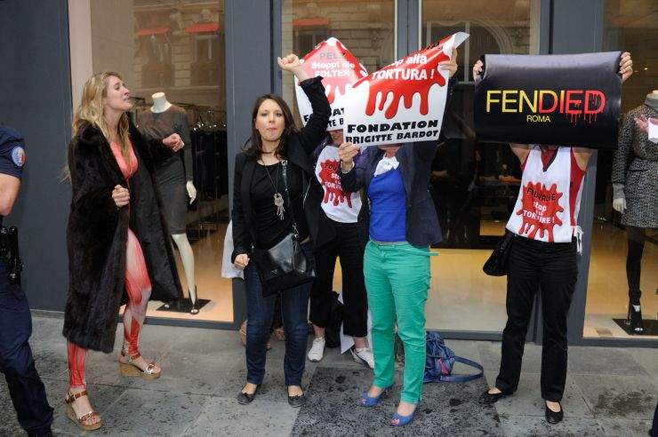 Peta's activist trying to disturb Fendi's Fall-Winter 2015/2016 Haute Couture collection show held at Theatre des Champs Elysees in Paris, France on July 8, 2015. 