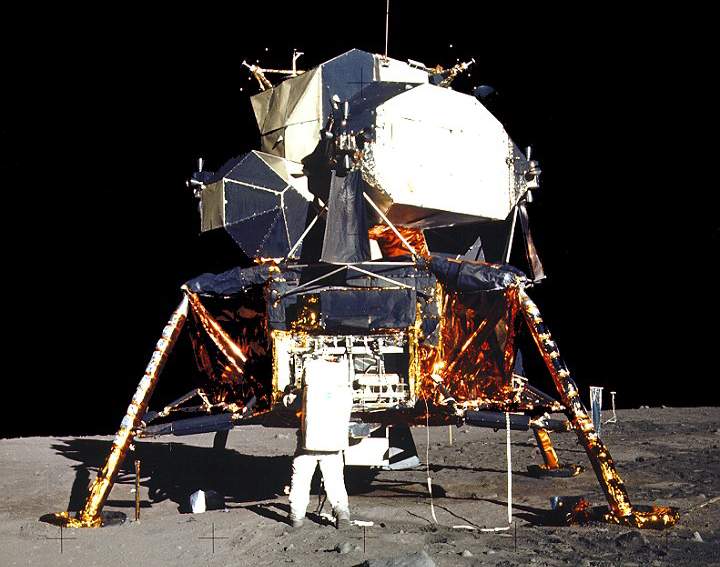 Buzz Aldrin in front of the lunar lander.