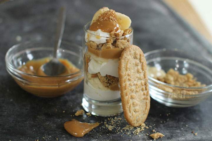 This June 15, 2015 photo shows banoffee partaits with salted toffee in Concord, N.H. This dish is from a recipe by Aarti Sequeira.