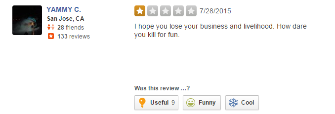 One of the many bad Yelp reviews about Walter Palmer