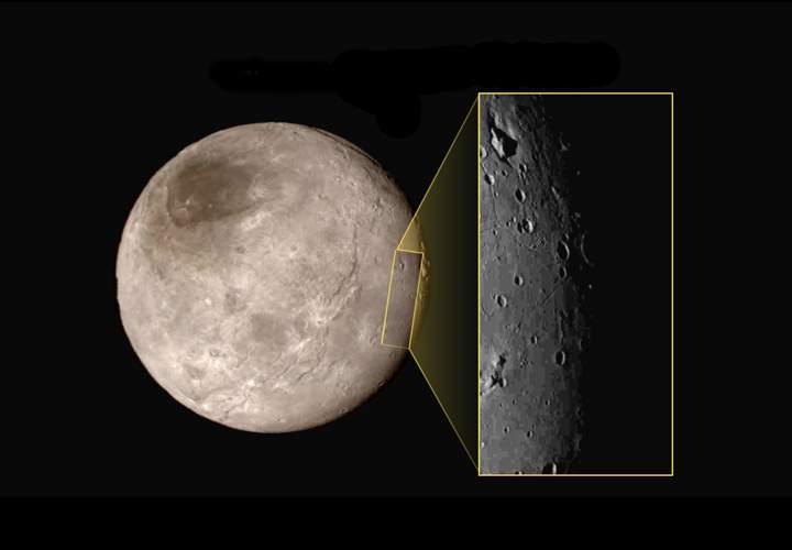 This new image of an area on Pluto’s largest moon Charon has a captivating feature — a depression with a peak in the middle, shown here in the upper left corner of the inset. The image was taken on July 14, about 1.5 hours before New Horizons’ closest approach to Pluto.