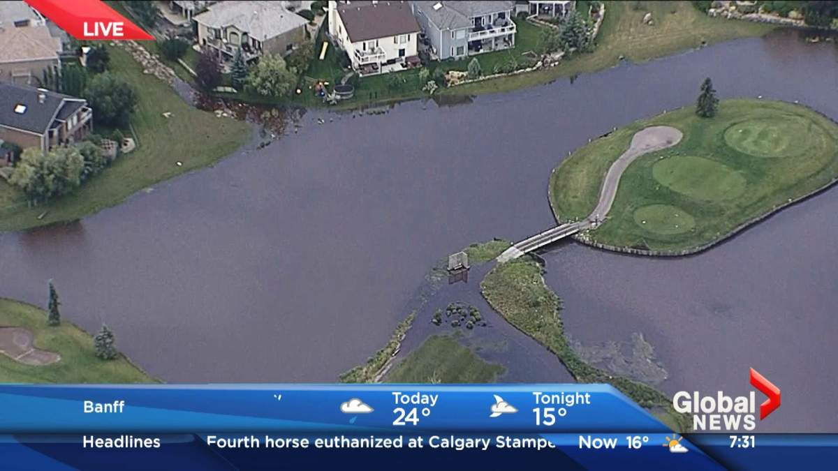 An aerial view of flooding in Chestermere from the Global 1 helicopter on Monday, July 13, 2015.