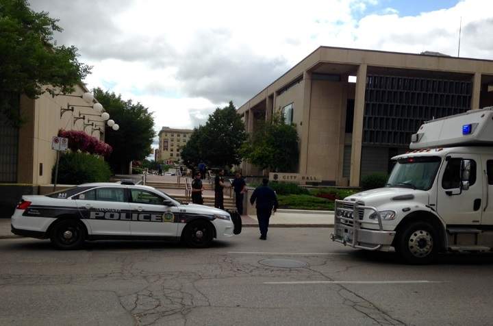 Police units at Winnipeg city hall during suspicious package investigation on Monday, July 6, 2015