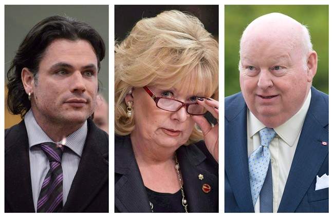 Sen. Patrick Brazeau, (L to R) Sen. Pamela Wallin and Sen. Mike Duffy are seen in this combination of three file photos. Three senators will see their suspensions without pay come to an abrupt end once an election is called, but only one will be get immediate, full access to perks and expenses.