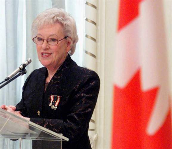 Flora MacDonald speaks after receiving the Pearson Peace Medal from Governor General Adrienne Clarkson at a ceremony at Rideau Hall in Ottawa, Friday, March 24, 2000.