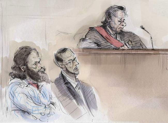 In an artist's sketch, Chiheb Esseghaier (left) and Raed Jaser (centre) appear in court in Toronto on Thursday, March 5, 2015 as Justice Michael Code looks on. THE CANADIAN PRESS/Alexandra Newbould.