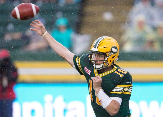 Edmonton Eskimos quarterback Matt Nichols (16) passes against the Winnipeg Blue Bombers during first half CFL action in Edmonton, Alta., on Saturday July 25, 2015. 