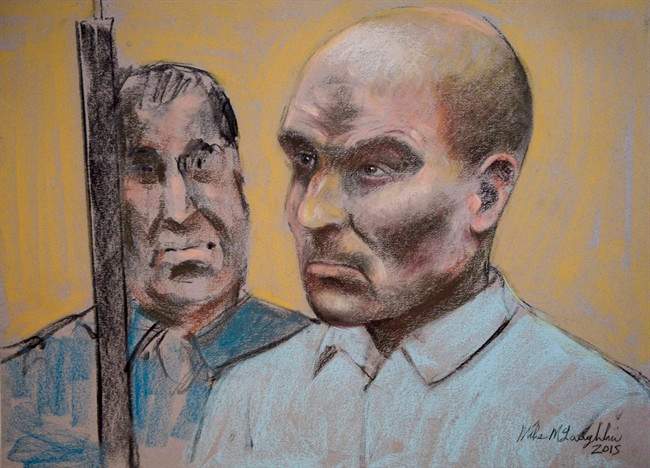 Bertrand Charest is seen in a court drawing during a bail hearing, Monday, March 16, 2015 in St-Jerome, Que. The trial of a former national ski coach who faces a host of sex-related charges involving girls and young women between the ages of 12 and 19 is set to begin Monday Feb. 27 2017 in St Jérome, Que.
