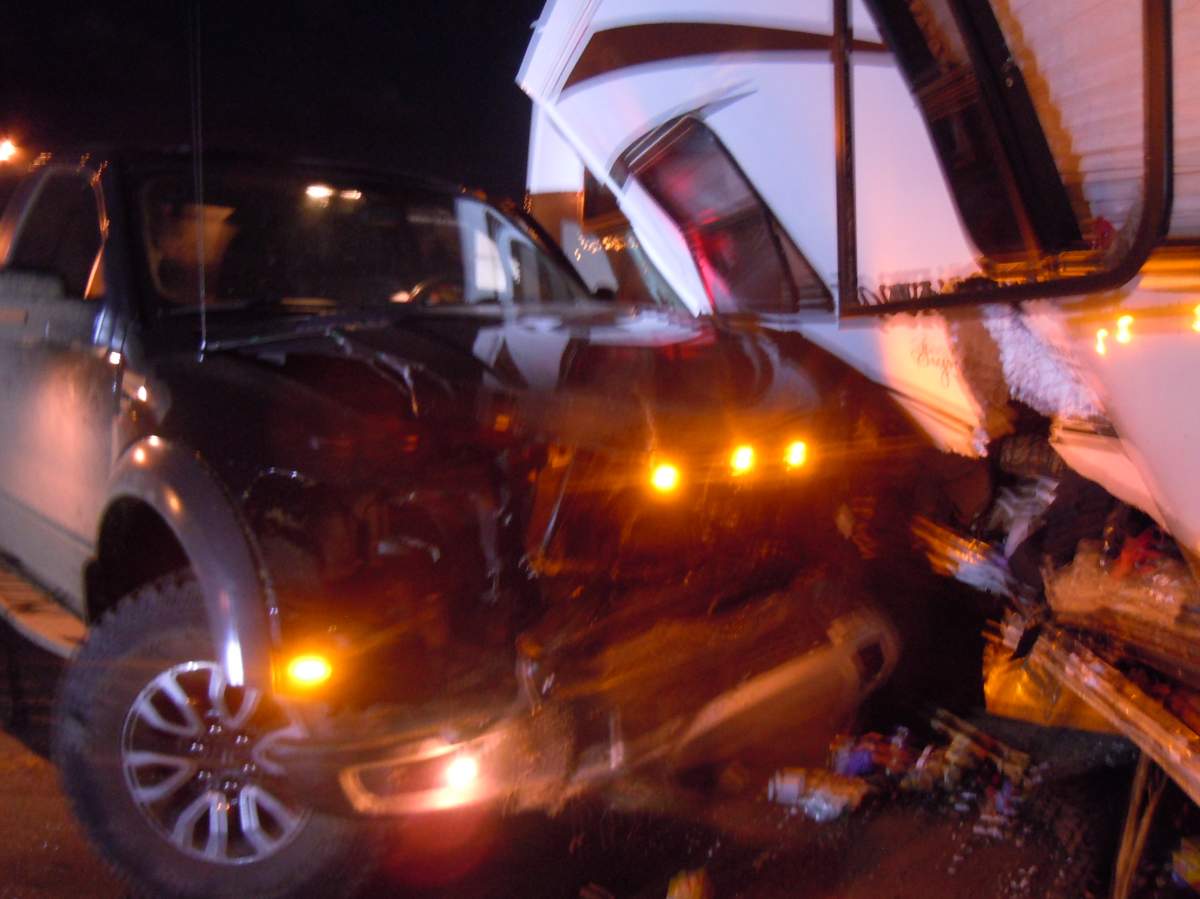 A family of six was jolted awake early this morning in Swift Current when a truck crashed into the camper they were sleeping in.