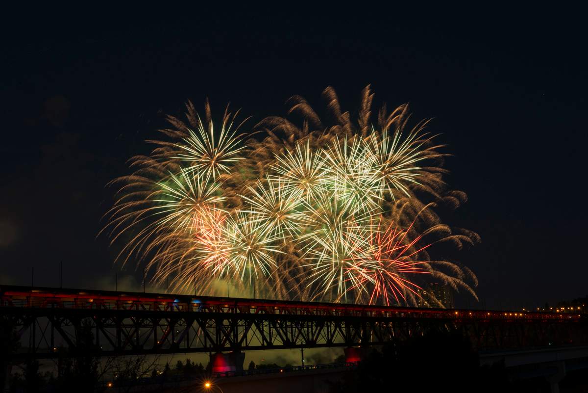 Canada Day fireworks over Edmonton’s river valley. July 1, 2015.