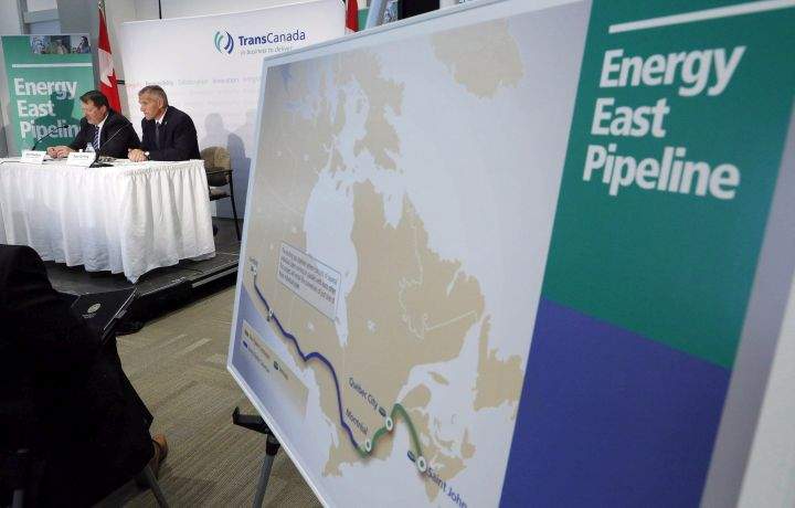 The Energy East pipeline proposed route is pictured as TransCanada officials speak during a news conference in Calgary, on Aug. 1, 2013. The company cancelled the project in 2017.