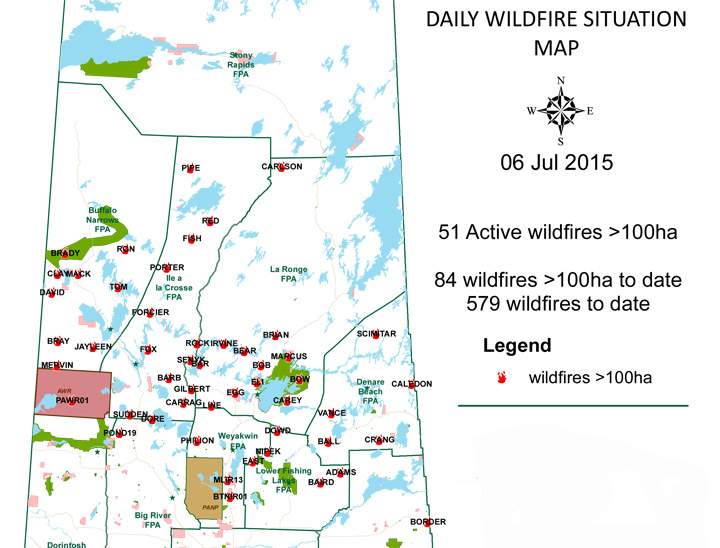 Active wildfires greater than 100ha burning in Saskatchewan on July 6, 2015.