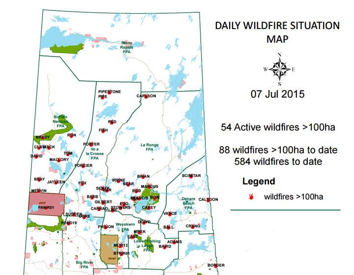 Active wildfires greater than 100hs burning in Saskatchewan on July 7, 2015.