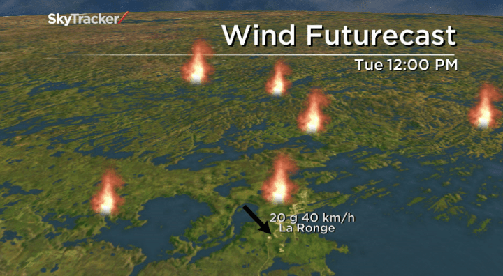The fire situation in La Ronge may turn from bad to worse Tuesday as strong northerly winds in the forecast push the fire directly toward the town.