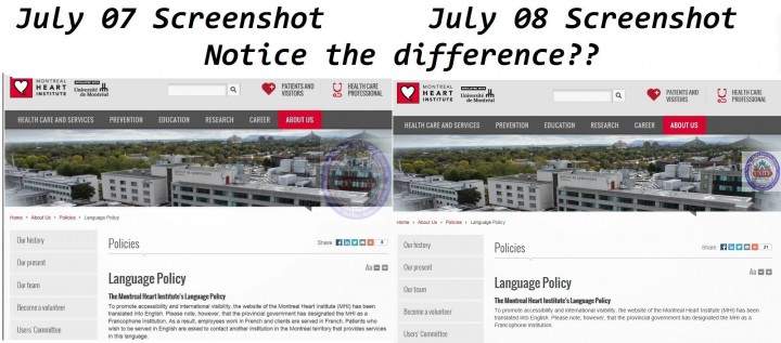 The Unity Group posted this picture online showing the different text in the Montreal Heart Institute's language policy, Wednesday, July 8, 2015.