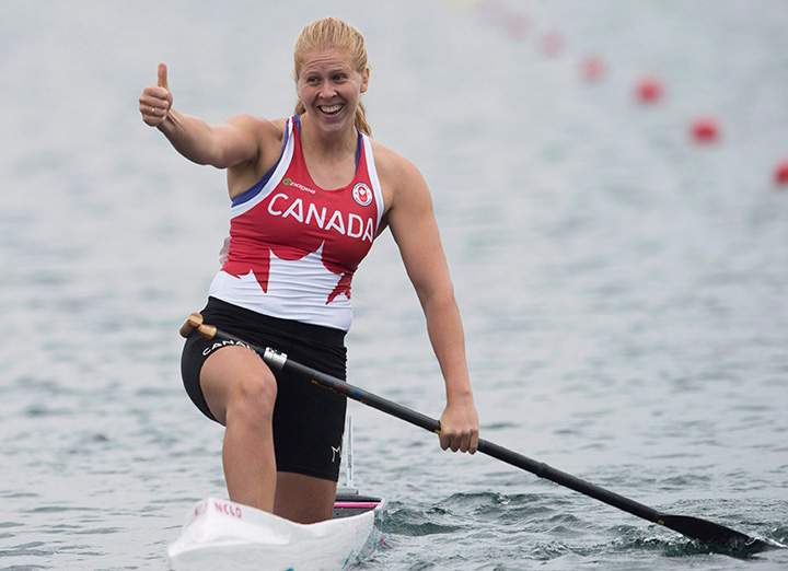 Canada’s Laurence Vincent Lapointe celebrates winning the gold medal in the women’s C1 200m canoe race at the 2015 Pan Am Games in Welland, Ont., Tuesday, July 14, 2015.