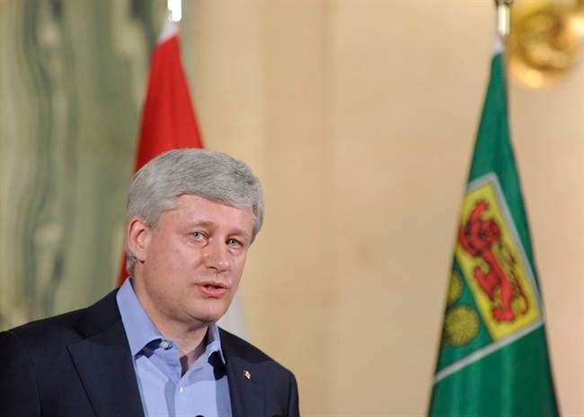 Prime Minister Stephen Harper speaks at the Saskatchewan Legislative Building in Regina, Sask., Friday, July 24, 2015.
