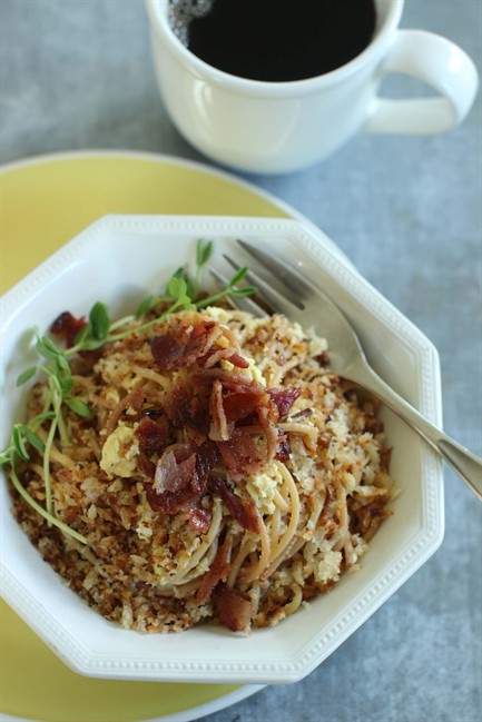 Serving breakfast for dinner with a bit of pasta in the mix