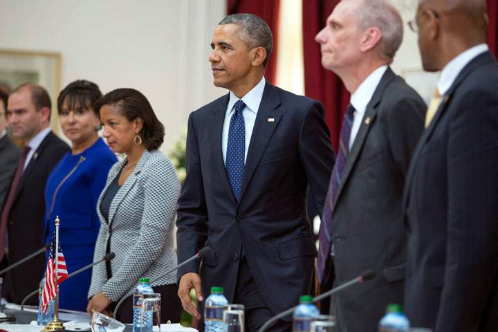 President Barack Obama arrives for a bilateral meeting with Kenyan President Uhuru Kenyatta at State House, on Saturday, July 25, 2015, in Nairobi, Kenya.