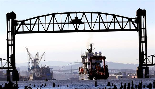 A Royal Dutch Shell PLC icebreaker blocked by activists in Alaska heads back to Portland in this July 30, 2015 file photo.