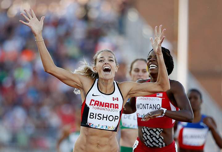Canada’s Melissa Bishop beats Alysia Montano of the United States across the finish line to win the women’s 800m final during Day 12 of the Toronto 2015 Pan Am Games on July 22, 2015.