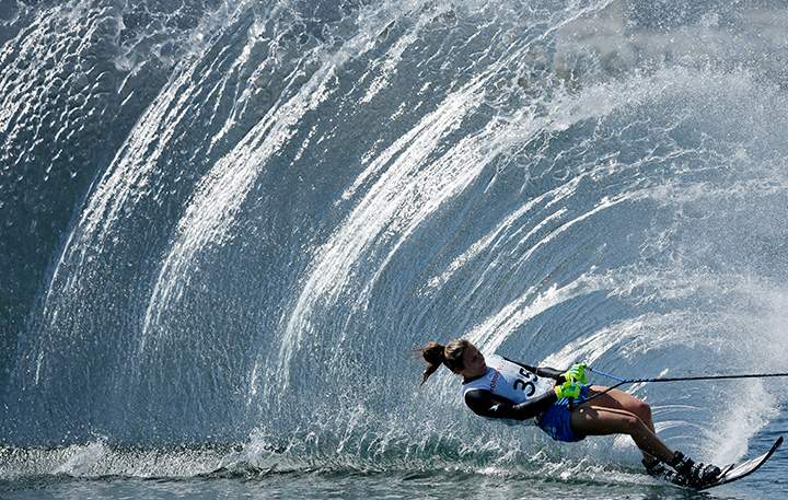 The United States’ Regina Jaquess skis during the slalom portion of the women’s overall water ski competition in the Pan Am Games in Toronto on Wednesday, July 22, 2015.