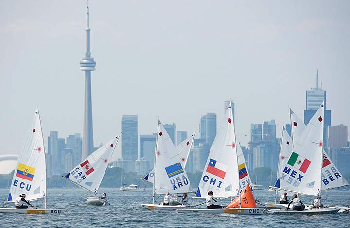 Canada’s Brenda Bowskill, second right, races her laser radial sail boat during her first race at the Pan American Games in Toronto on Sunday, July 12, 2015.