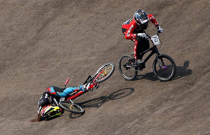 Felicia Stancil of the United States goes around Mariana Pajon Londono of Colombia on her way to winning the women’s BMX Final during the Toronto 2015 Pan Am Games at Centennial Park on July 11, 2015 in Toronto.