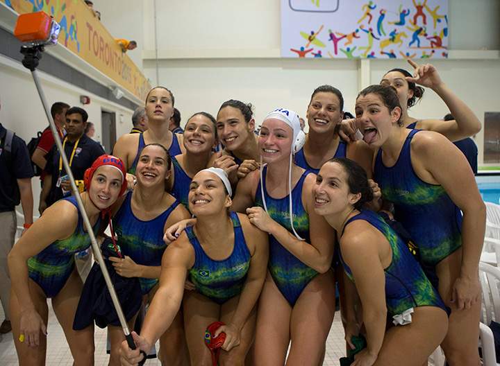 Brazil’s women’s water polo team takes a selfie after winning the bronze medal in a match against Cuba, at the Pan Am Games in Markham, Ontario on Tuesday, July 14, 2015.