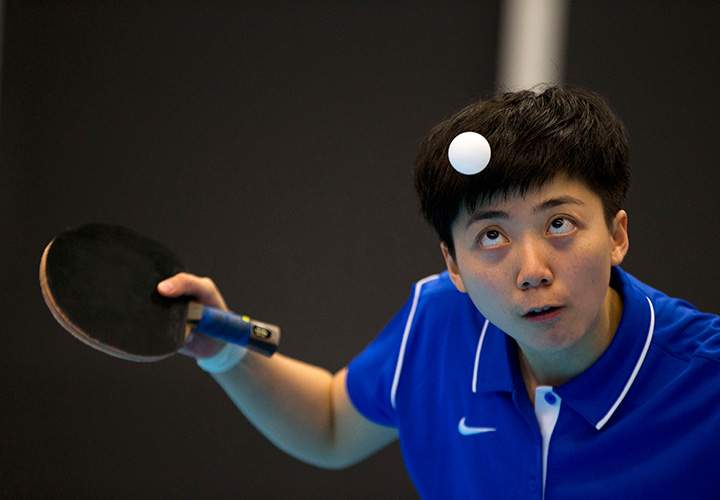 Brazil’s Lin Gui serves the ball in team table tennis preliminaries at the Pan Am Games in Markham, Ontario Sunday, July 19, 2015.