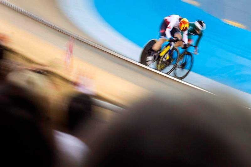 Canada's Monique Sullivan, left, battles for position with Mexico's Luz Gaxiola in the semi final of the women's track cycling sprint during the 2015 Toronto Pan Am Games in Milton, Ont., on Sunday, July 19, 2015.