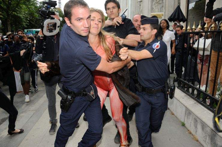 Peta’s activist trying to disturb Fendi’s Fall-Winter 2015/2016 Haute Couture collection show held at Theatre des Champs Elysees in Paris, France on July 8, 2015.