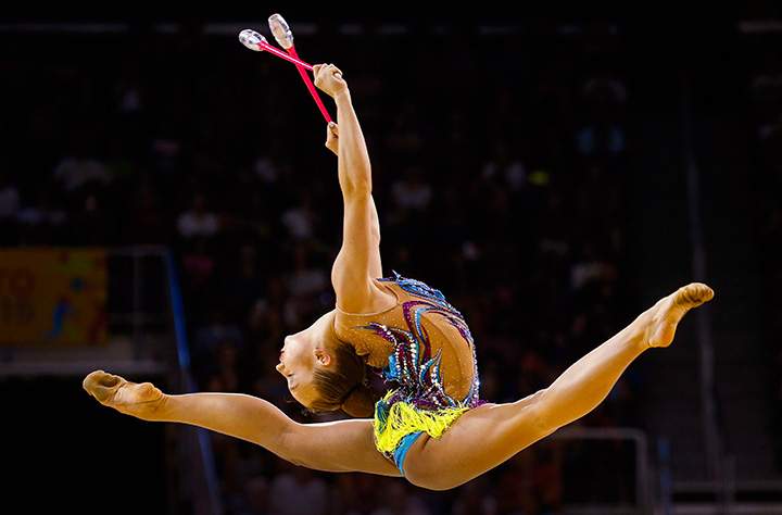 Canada's Patricia Bezzoubenko performs during the rhythmic gymnastics clubs routine at the Pan Am Games in Toronto, Saturday July 18, 2015. 