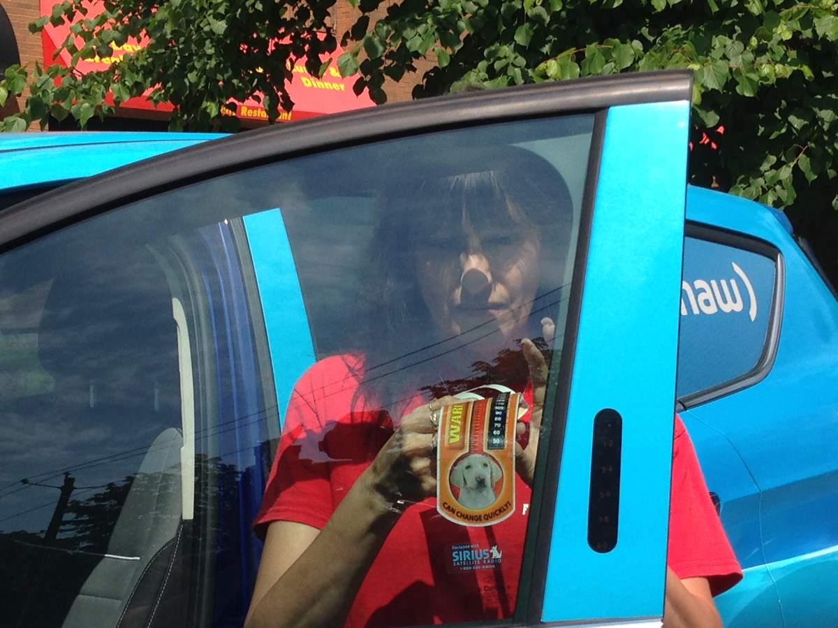 Catherine Stevens of the Disaster Animal Response Team (DART) places a Life Meter on a vehicle.