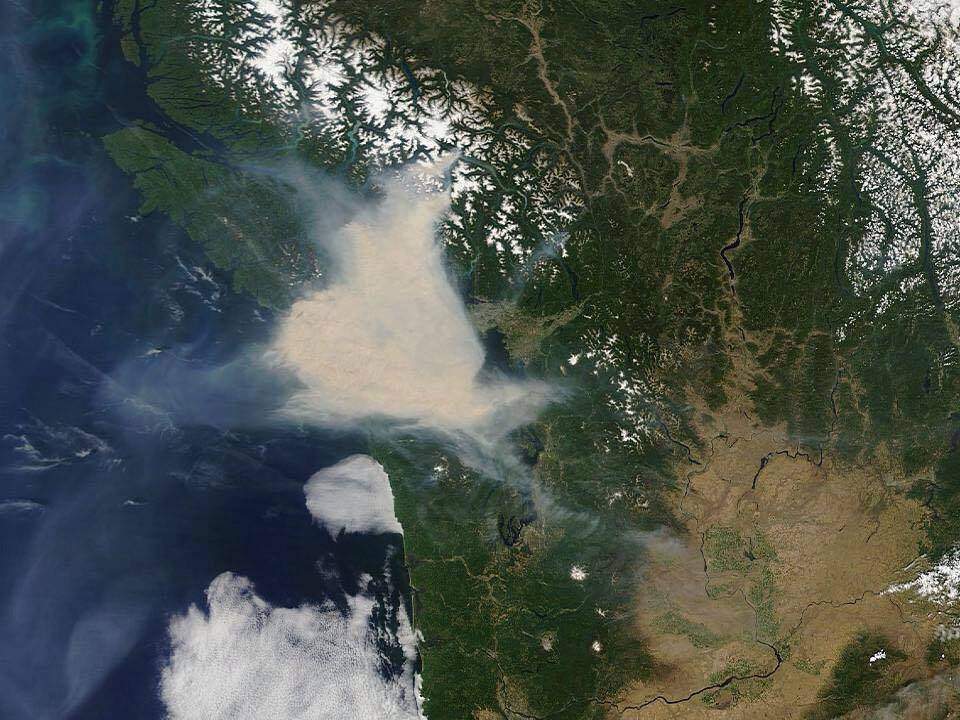A photo taken by NASA that shows smoke, which came primarily from two Pemberton-area fires, engulfing Metro Vancouver, the Sunshine Coast, and southern Vancouver Island.