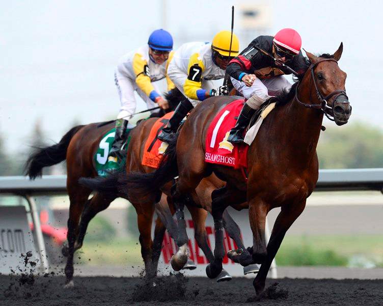 Jockey Rafael Hernandez pumps his fist as he rides Shaman Ghost to win the 156th running of the Queen's Plate at Woodbine Racetrack in Toronto on Sunday, July 5, 2015. 
